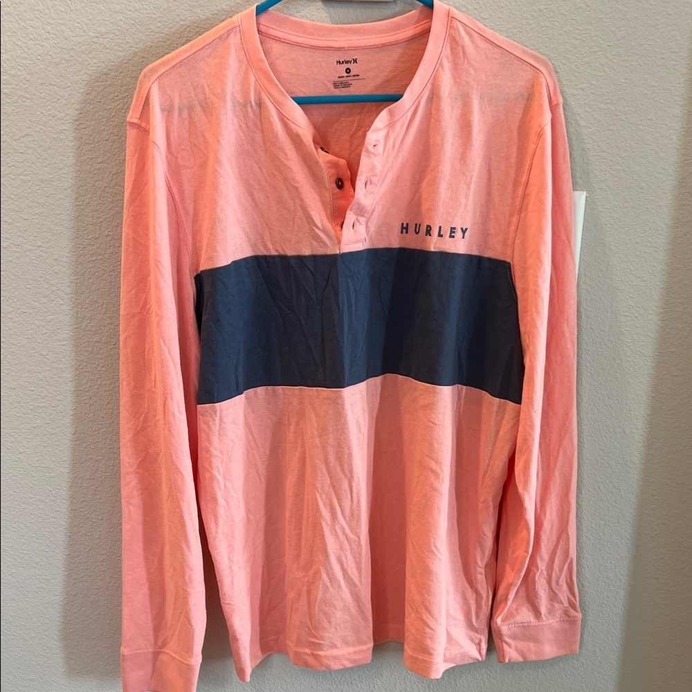 Hurley Men's Coral and Navy Long Sleeve Tee